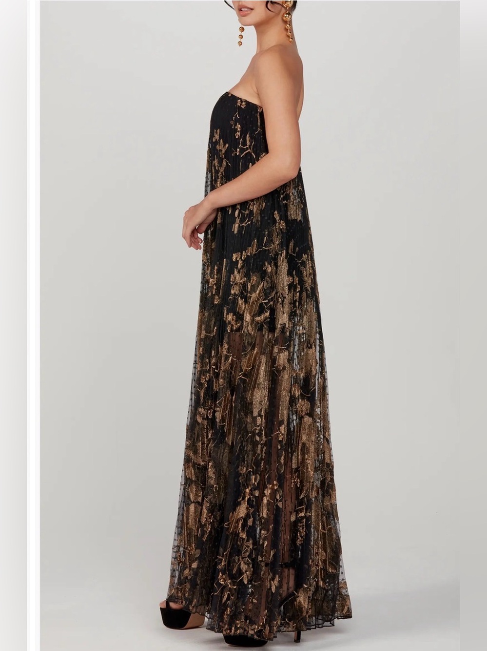 Helsi Delphine Metallic Floral Pleated Strapless Gown Black Gold Medium NWT - Picture 4 of 15